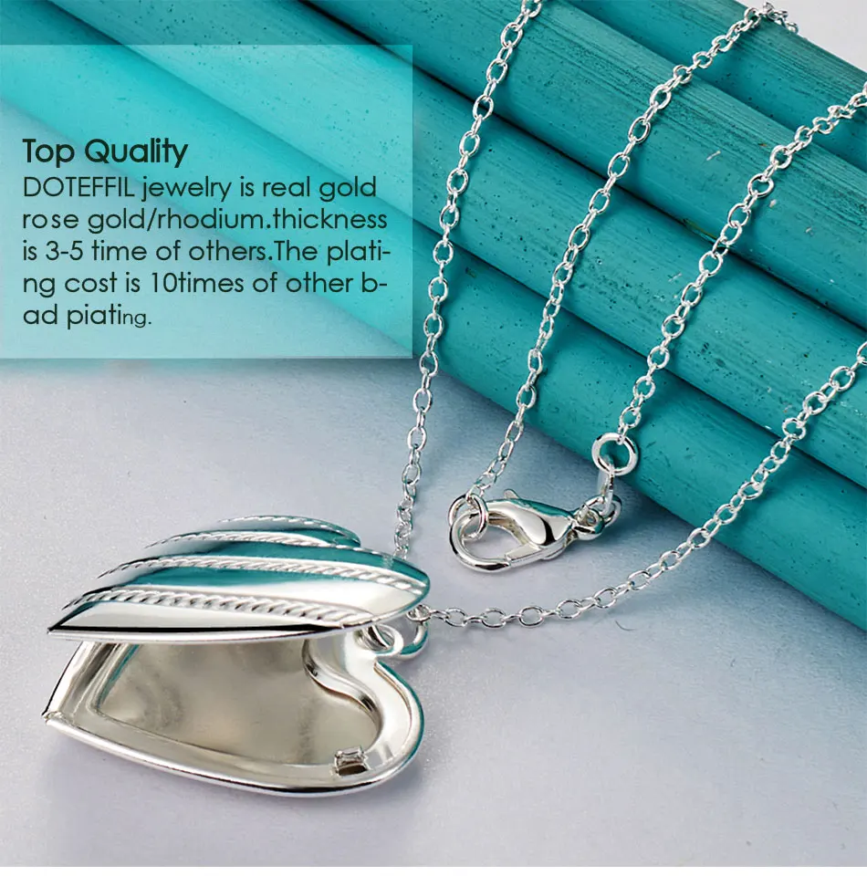 DOTEFFIL 925 Sterling Silver Love Heaet Photo Frame 16-18 Inch Snake Chain Necklace For Woman Man Fashion Wedding Charm Jewelry