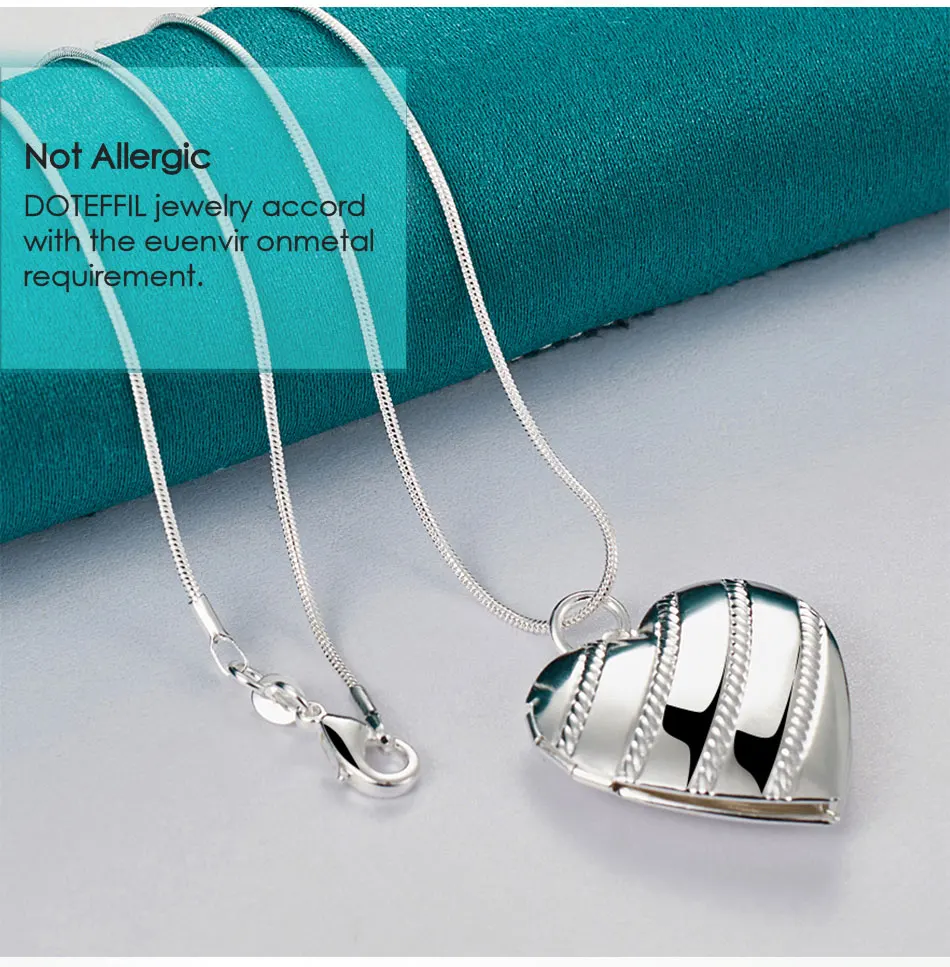 DOTEFFIL 925 Sterling Silver Love Heaet Photo Frame 16-18 Inch Snake Chain Necklace For Woman Man Fashion Wedding Charm Jewelry