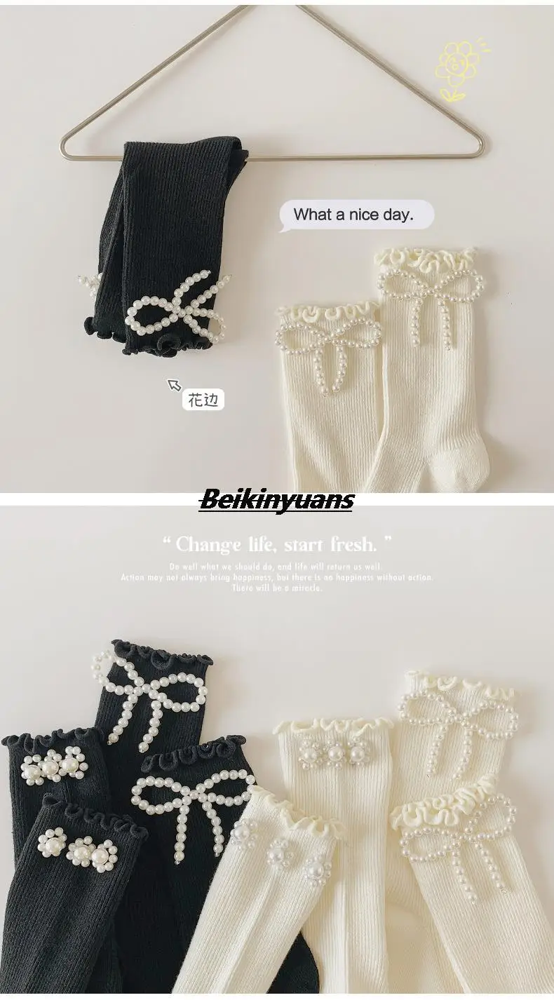 Kids Socks Sweet Bowknot Pearl Lace Stockings Girl Princess Wind Lolita Heap Socks Children Knee High Sock Chaussette