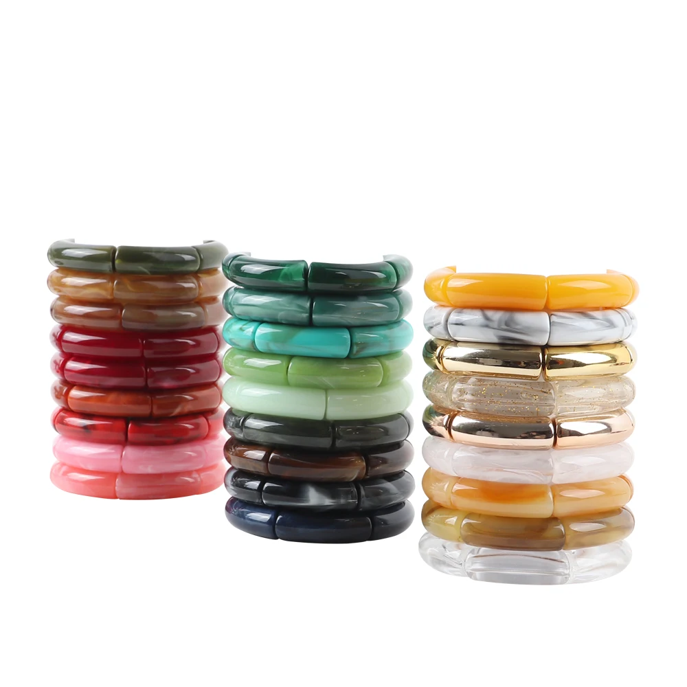 FishSheep Trendy Colorful Acrylic Bamboo Bracelets For Women Bohemian Stretched Tube Beads Cuff Bracelets Bangles 2024 Jewelry