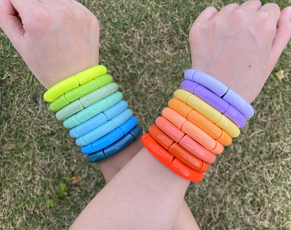 FishSheep Trendy Colorful Acrylic Bamboo Bracelets For Women Bohemian Stretched Tube Beads Cuff Bracelets Bangles 2024 Jewelry