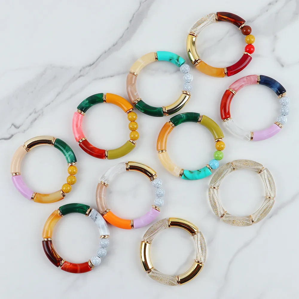 FishSheep Trendy Colorful Acrylic Bamboo Bracelets For Women Bohemian Stretched Tube Beads Cuff Bracelets Bangles 2024 Jewelry