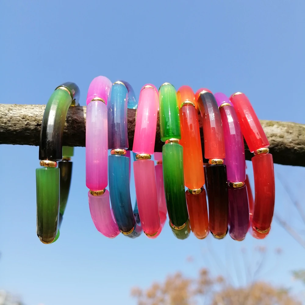 FishSheep Trendy Colorful Acrylic Bamboo Bracelets For Women Bohemian Stretched Tube Beads Cuff Bracelets Bangles 2024 Jewelry