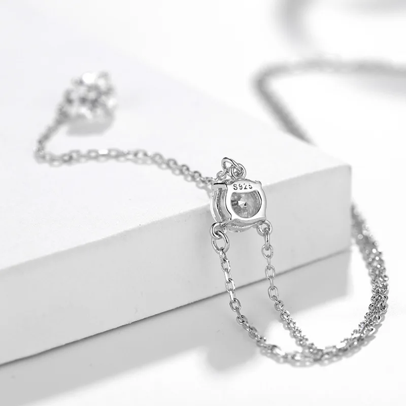 925 Silver Women's Luxury Zircon Pendant Necklace Round Cut Cubic Zirconia Necklace Charms Bride Wedding Chain Necklace Gift