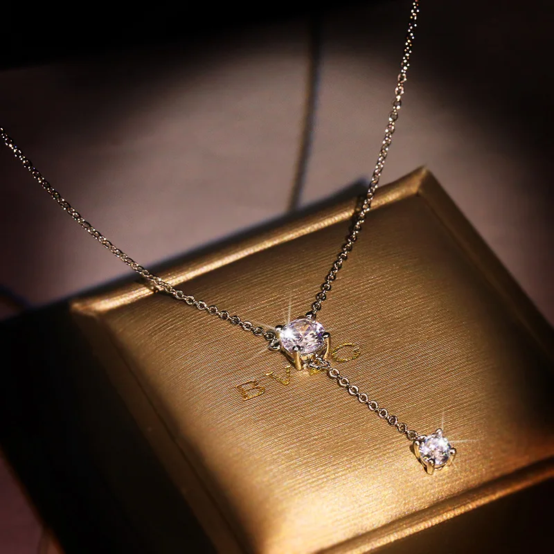 925 Silver Women's Luxury Zircon Pendant Necklace Round Cut Cubic Zirconia Necklace Charms Bride Wedding Chain Necklace Gift