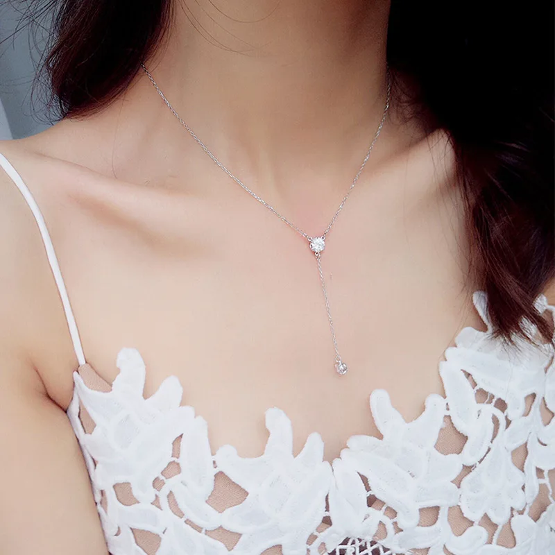 925 Silver Women's Luxury Zircon Pendant Necklace Round Cut Cubic Zirconia Necklace Charms Bride Wedding Chain Necklace Gift