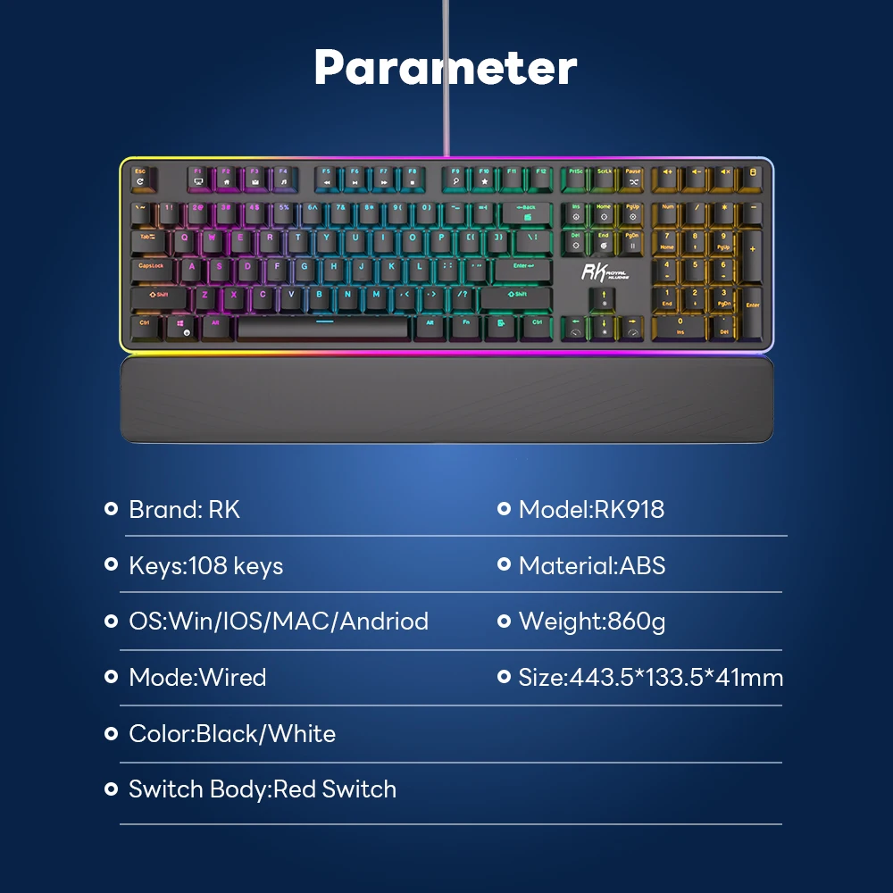 RK ROYAL KLUDGE RK918 Wired Mechanical Keyboard 108 Keys 100% RGB Backlit Gaming Keyboard with Large LED Sorrounding Side Lamp