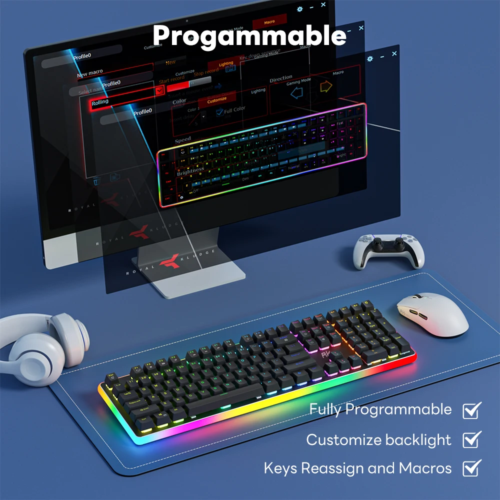 RK ROYAL KLUDGE RK918 Wired Mechanical Keyboard 108 Keys 100% RGB Backlit Gaming Keyboard with Large LED Sorrounding Side Lamp