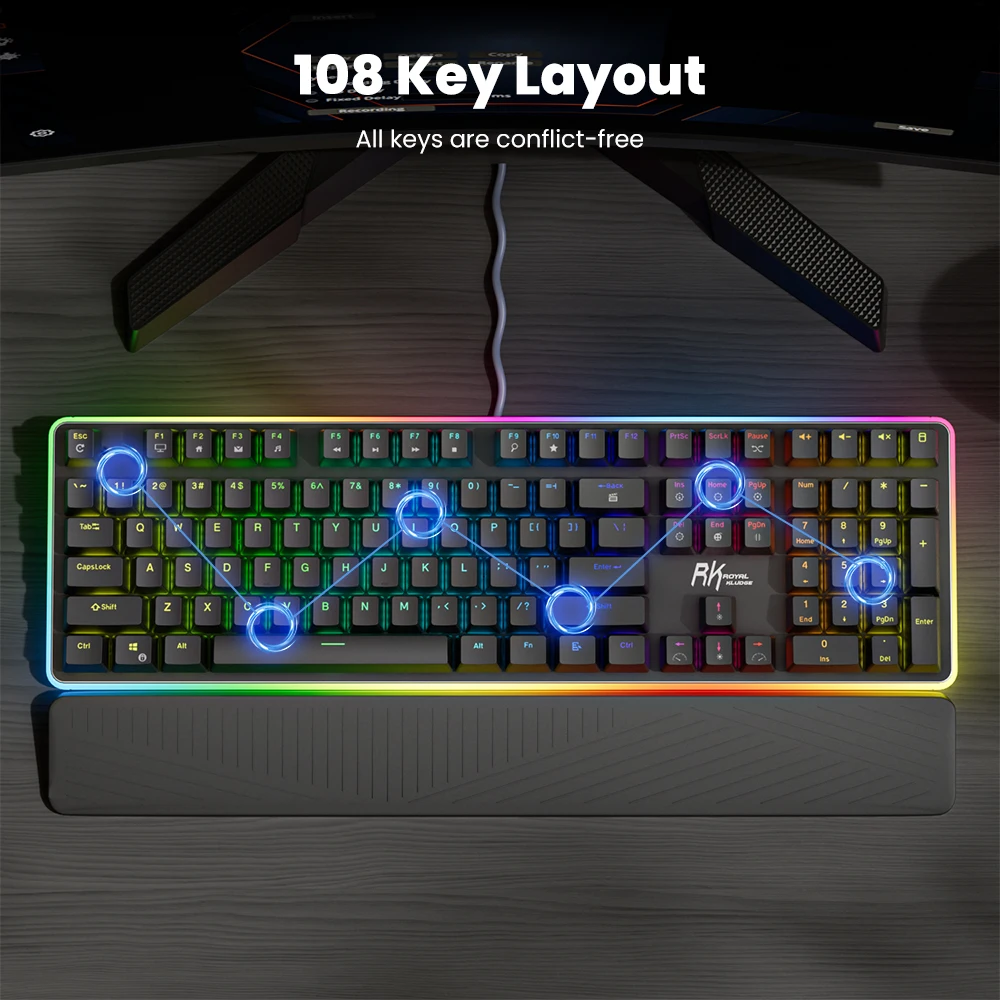 RK ROYAL KLUDGE RK918 Wired Mechanical Keyboard 108 Keys 100% RGB Backlit Gaming Keyboard with Large LED Sorrounding Side Lamp
