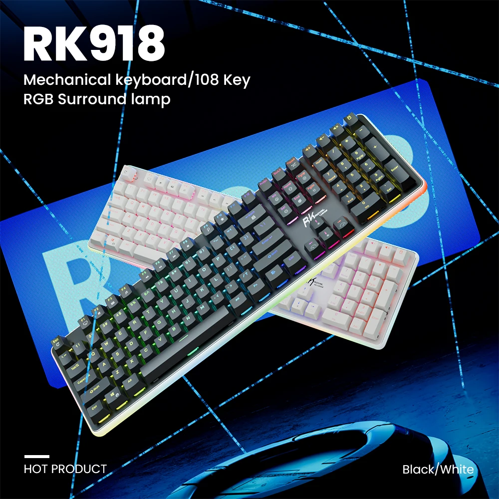 RK ROYAL KLUDGE RK918 Wired Mechanical Keyboard 108 Keys 100% RGB Backlit Gaming Keyboard with Large LED Sorrounding Side Lamp