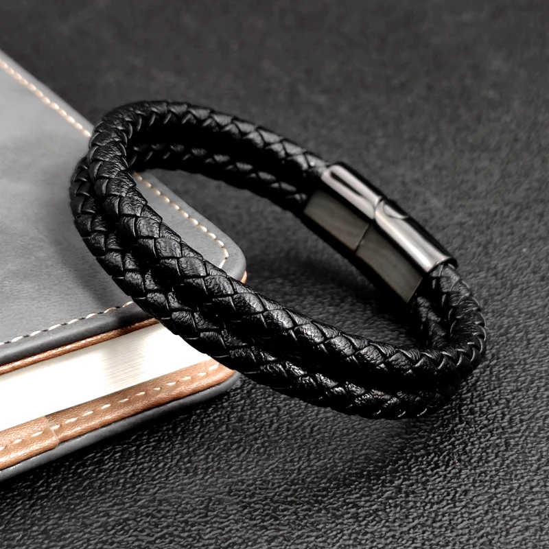 Mingao MF Double Leather Braided Stainless Steel Men's & Women Bracelets With Black/Brown Charm Magnet Clasp Custom Accessors