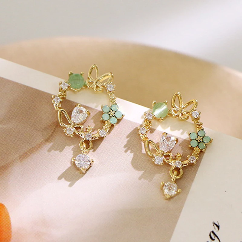 Korean New Colorful Rhinestone Wreath Stud Earrings Sweet Flower Crystal Pearl Brincos Women Party Birthday Jewelry Gift