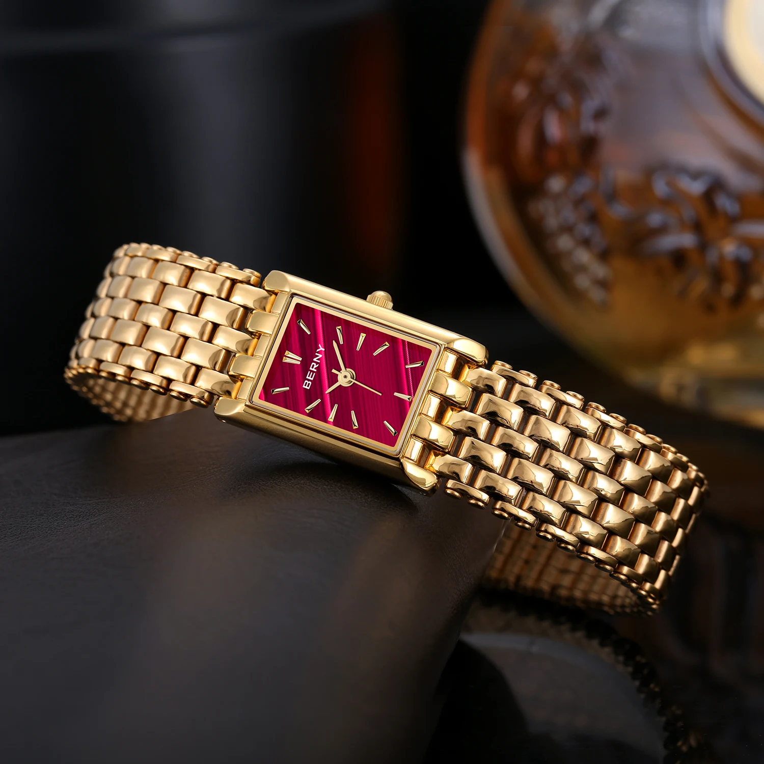 BERNY Gold Watch for Women Square Ladies Quartz Wristwatches Stainless Steel Women Small Gold Watch Luxury Casual Fashion Watch