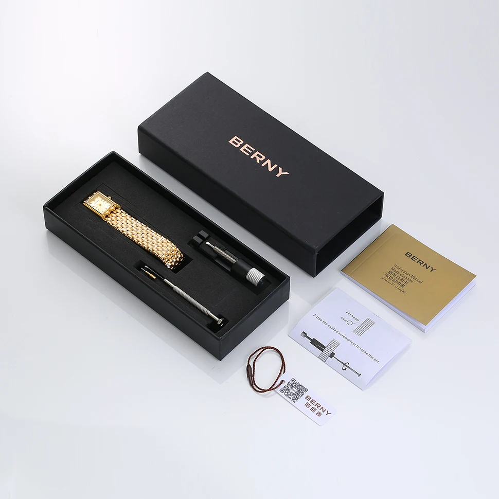 BERNY Gold Watch for Women Square Ladies Quartz Wristwatches Stainless Steel Women Small Gold Watch Luxury Casual Fashion Watch