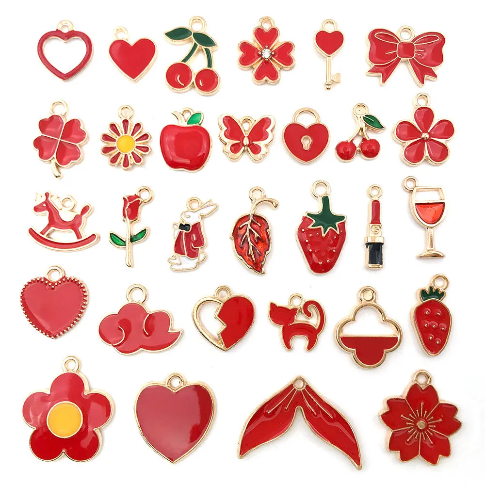Mix 10pcs Pink Red Blue Enamel Animals Flowers Unicorn Crown Series Charms Pendant DIY Necklace Earrings Jewelry Making