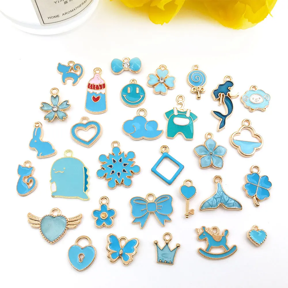 Mix 10pcs Pink Red Blue Enamel Animals Flowers Unicorn Crown Series Charms Pendant DIY Necklace Earrings Jewelry Making