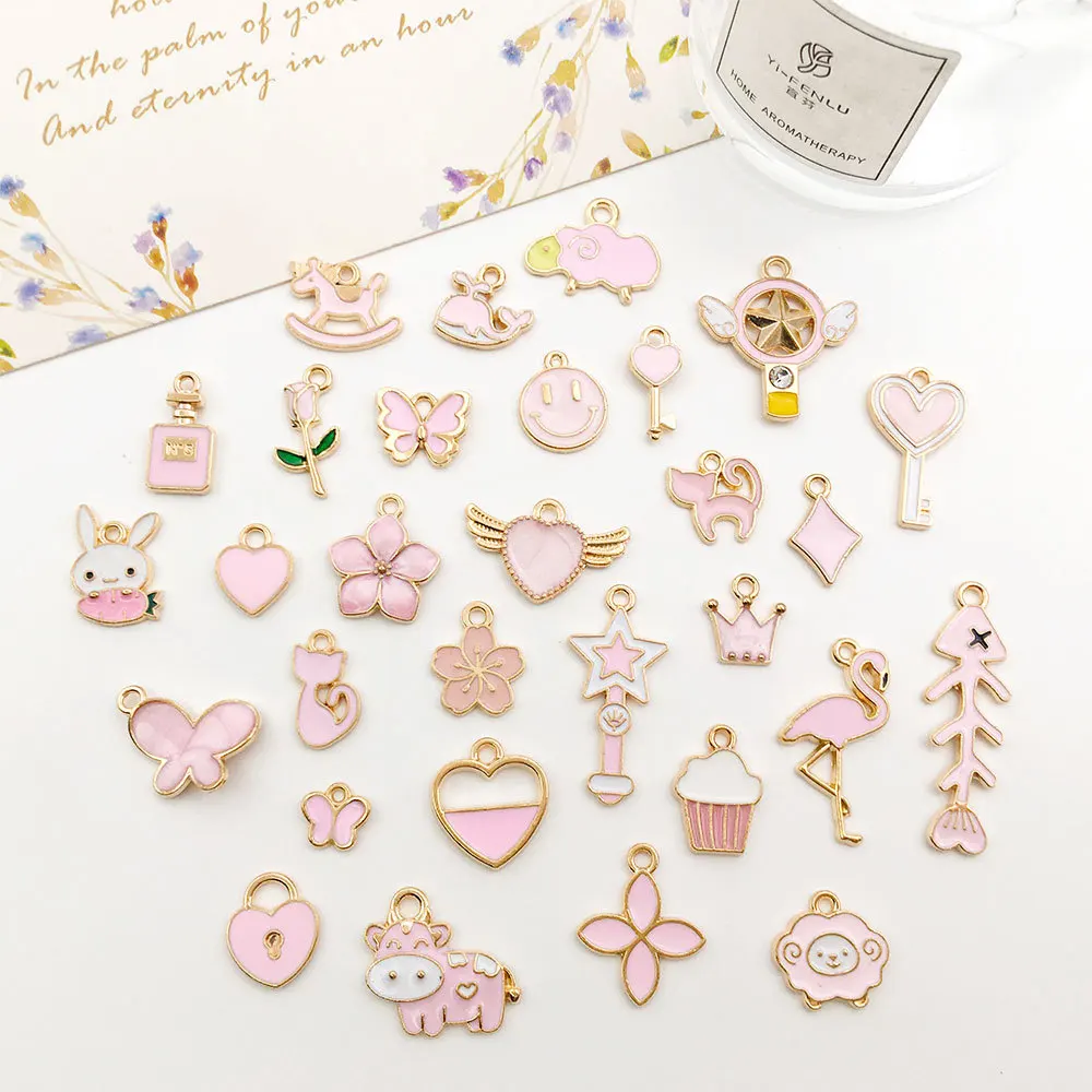 Mix 10pcs Pink Red Blue Enamel Animals Flowers Unicorn Crown Series Charms Pendant DIY Necklace Earrings Jewelry Making