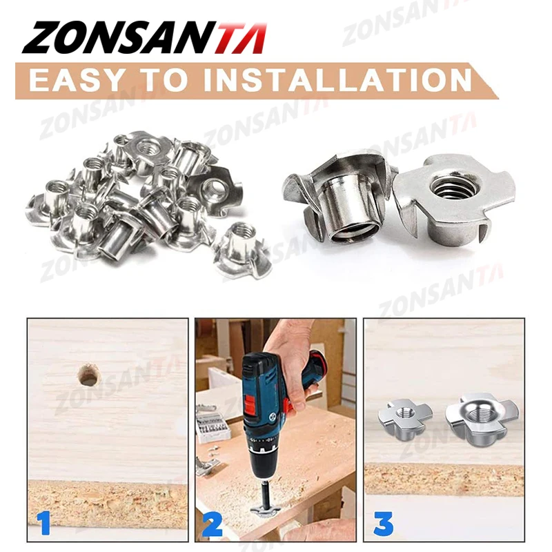 ZONNSANTA 30Pcs 4-Pronged Tee Nut M4 M5 M6 M8 M10 Four Claws Nut Speaker Nut T-nut Blind Pronged Insert Tee Nut Wood Furniture