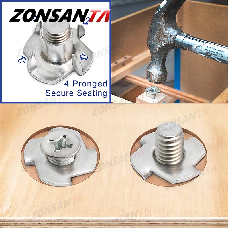 ZONNSANTA 30Pcs 4-Pronged Tee Nut M4 M5 M6 M8 M10 Four Claws Nut Speaker Nut T-nut Blind Pronged Insert Tee Nut Wood Furniture