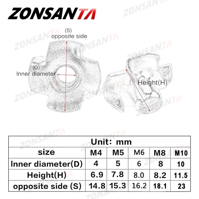 ZONNSANTA 30Pcs 4-Pronged Tee Nut M4 M5 M6 M8 M10 Four Claws Nut Speaker Nut T-nut Blind Pronged Insert Tee Nut Wood Furniture