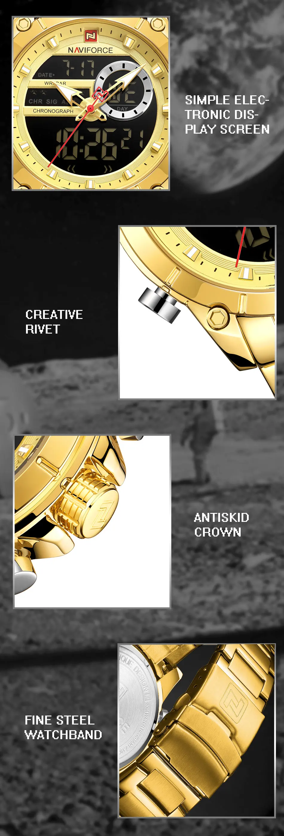 Luxury Brand NAVIFORCE Sport Watches For Men Fashion Gold Quartz WristWatch Steel Band Digital Chronograph Waterproof Clock 9163