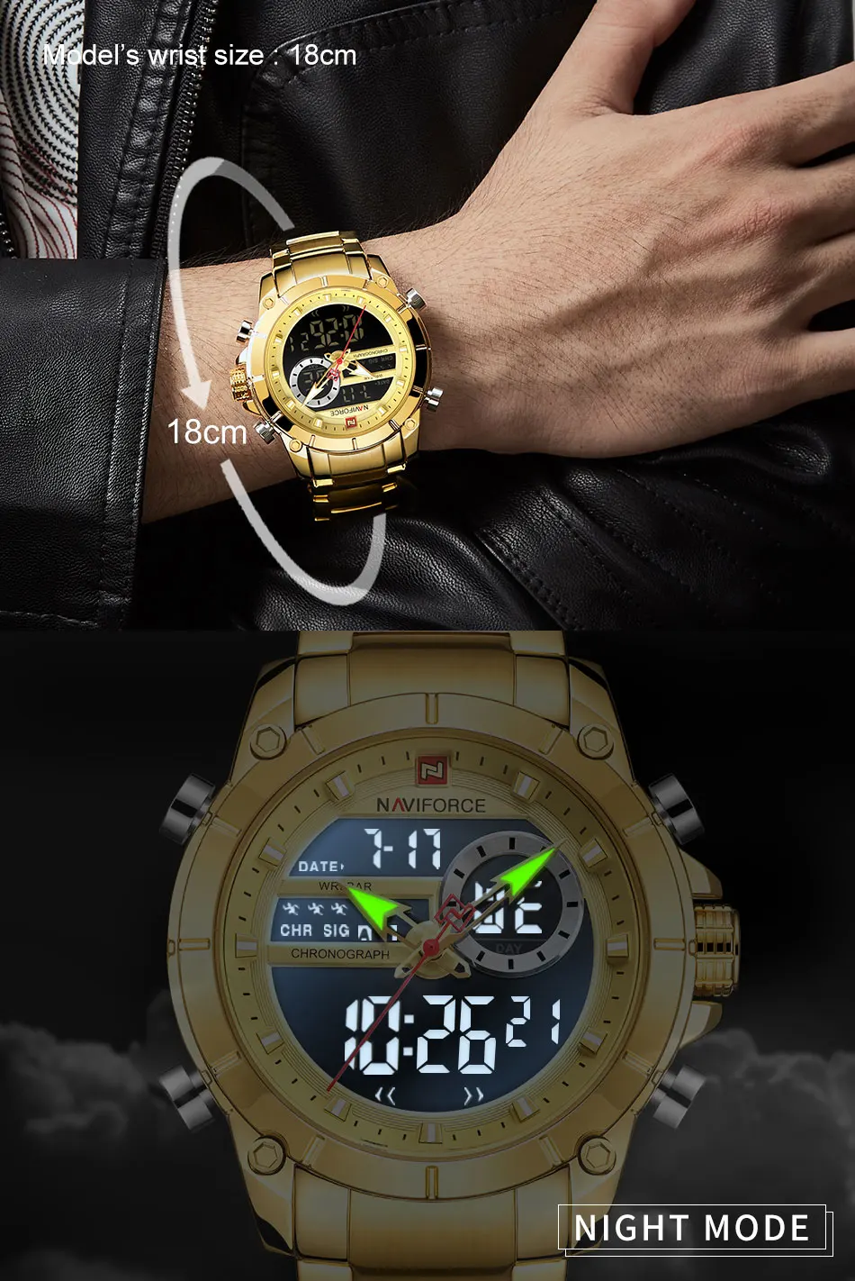 Luxury Brand NAVIFORCE Sport Watches For Men Fashion Gold Quartz WristWatch Steel Band Digital Chronograph Waterproof Clock 9163