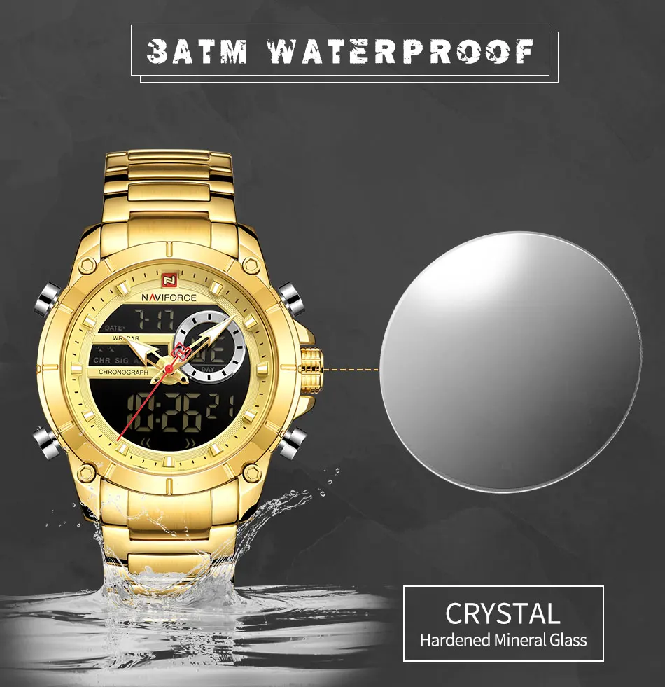 Luxury Brand NAVIFORCE Sport Watches For Men Fashion Gold Quartz WristWatch Steel Band Digital Chronograph Waterproof Clock 9163
