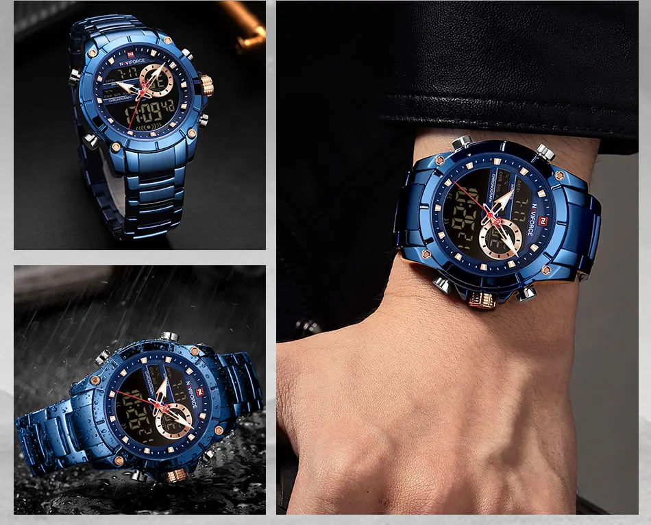 Luxury Brand NAVIFORCE Sport Watches For Men Fashion Gold Quartz WristWatch Steel Band Digital Chronograph Waterproof Clock 9163
