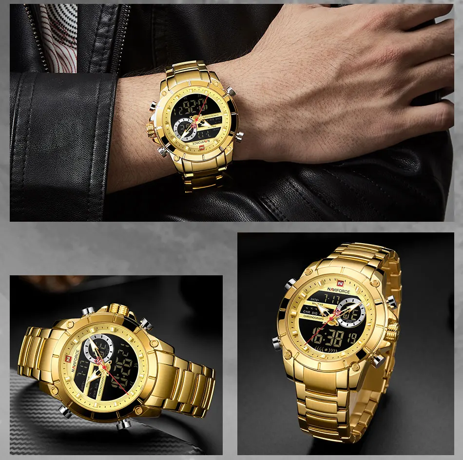 Luxury Brand NAVIFORCE Sport Watches For Men Fashion Gold Quartz WristWatch Steel Band Digital Chronograph Waterproof Clock 9163