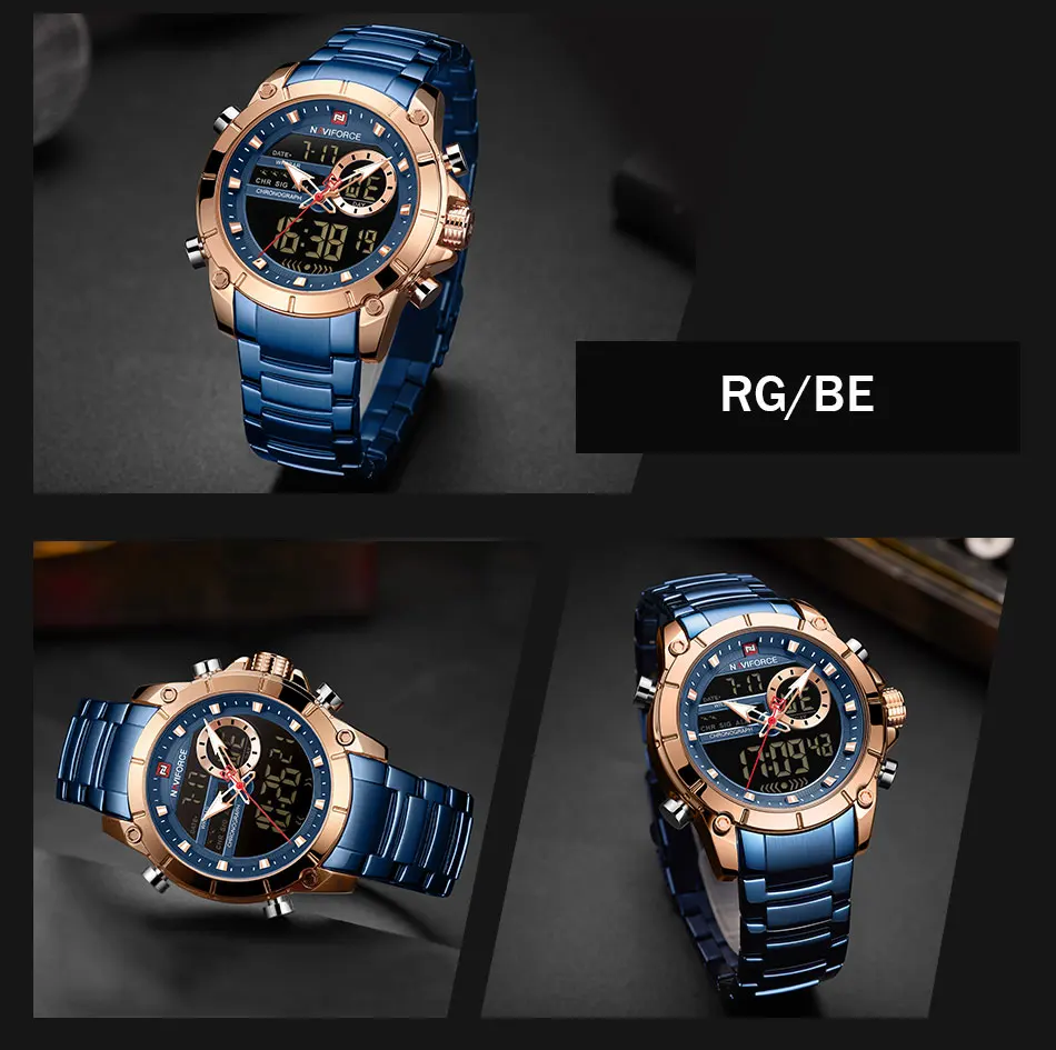 Luxury Brand NAVIFORCE Sport Watches For Men Fashion Gold Quartz WristWatch Steel Band Digital Chronograph Waterproof Clock 9163