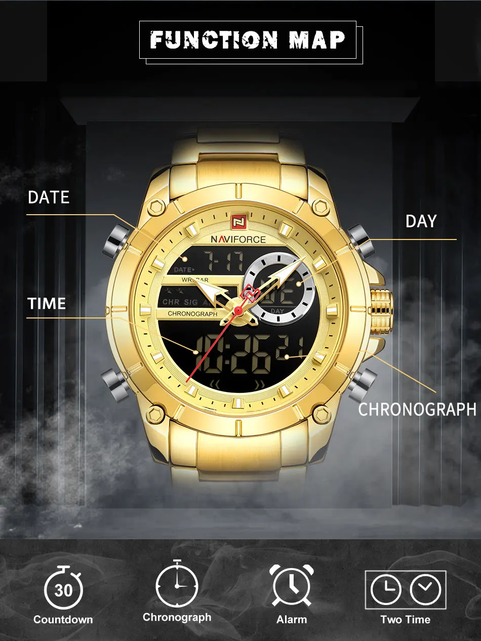 Luxury Brand NAVIFORCE Sport Watches For Men Fashion Gold Quartz WristWatch Steel Band Digital Chronograph Waterproof Clock 9163