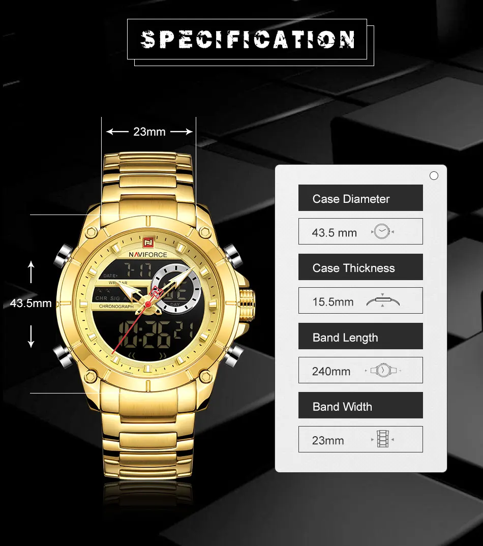 Luxury Brand NAVIFORCE Sport Watches For Men Fashion Gold Quartz WristWatch Steel Band Digital Chronograph Waterproof Clock 9163