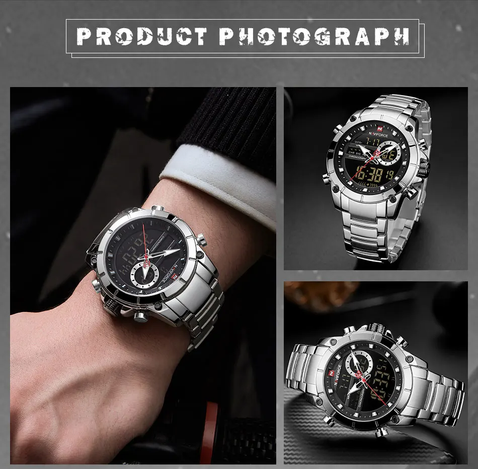 Luxury Brand NAVIFORCE Sport Watches For Men Fashion Gold Quartz WristWatch Steel Band Digital Chronograph Waterproof Clock 9163