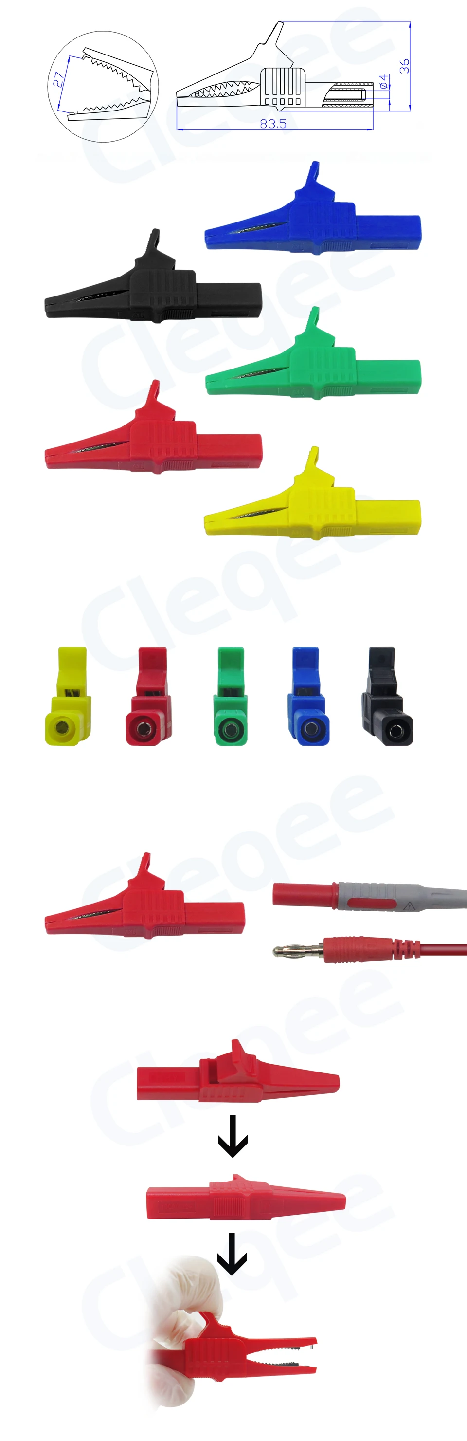 Cleqee P2003 5PCS 32A Safety Alligator Clips Crocodile Clamps Folders Compatiable with 4mm Banana Plug 5 Colors 1000V