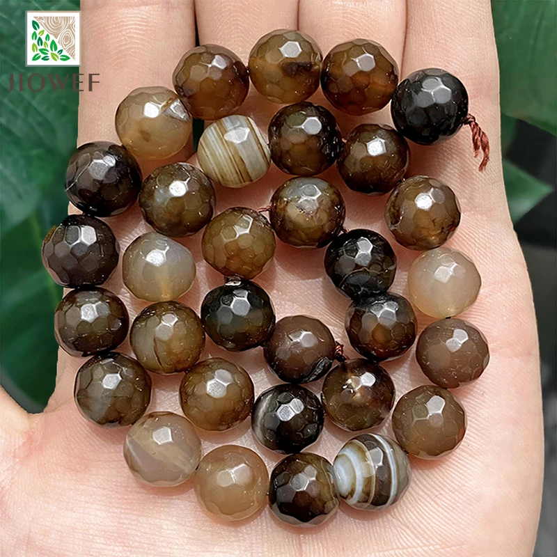 Natural Faceted Brown Coffee Agates Football Shape Round Beads DIY Handmade Bracelets for Jewelry Making 4/6/8/10/12/14mm 15''