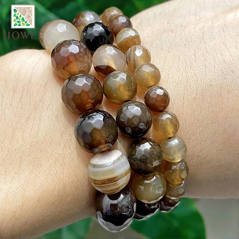 Natural Faceted Brown Coffee Agates Football Shape Round Beads DIY Handmade Bracelets for Jewelry Making 4/6/8/10/12/14mm 15''