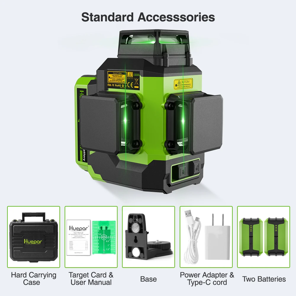 Huepar 12 Lines 3D Laser Level Green Self-Leveling 3x360° Horizontal & Vertical Osram Cross Line With Hard Case 2 Li-ion Battery