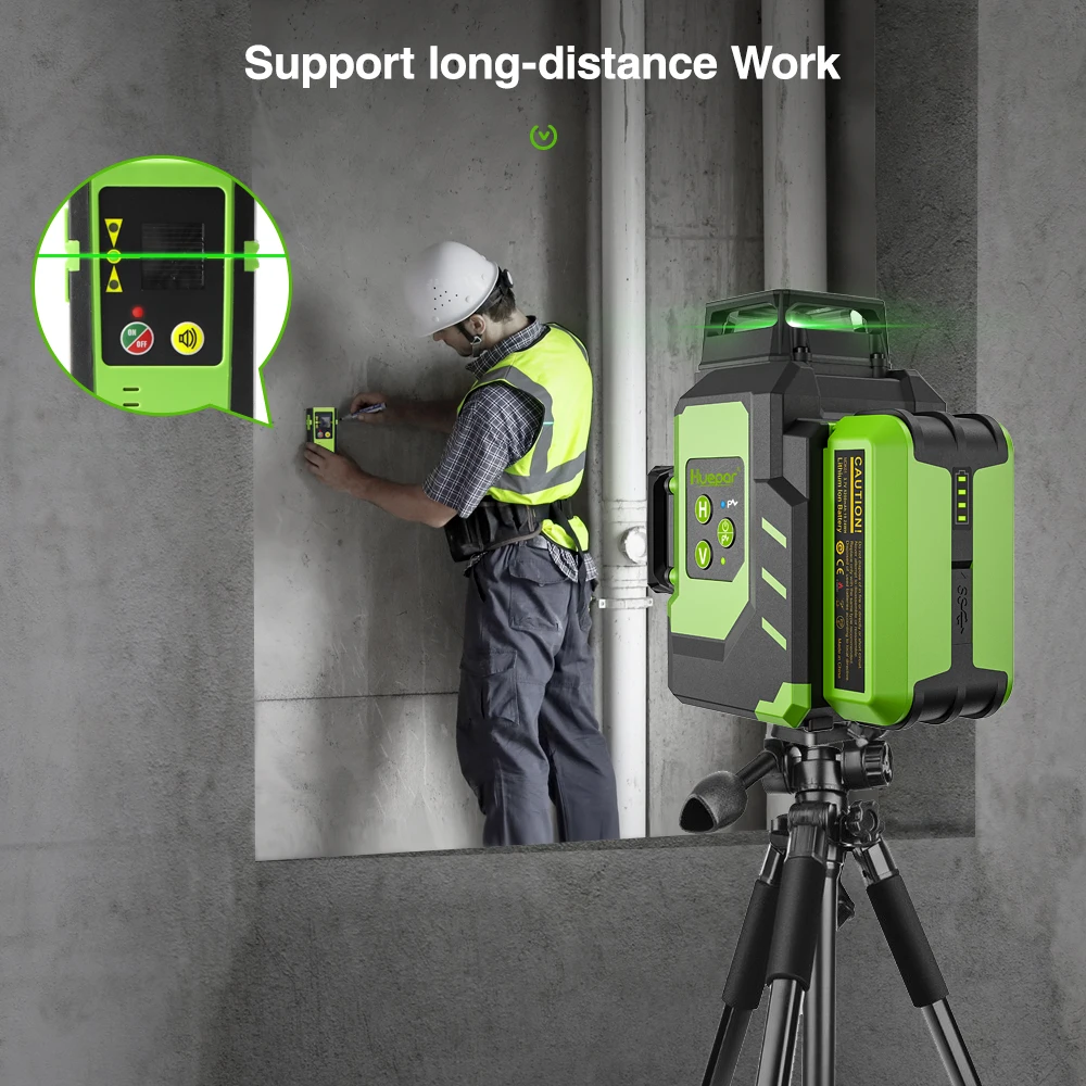 Huepar 12 Lines 3D Laser Level Green Self-Leveling 3x360° Horizontal & Vertical Osram Cross Line With Hard Case 2 Li-ion Battery