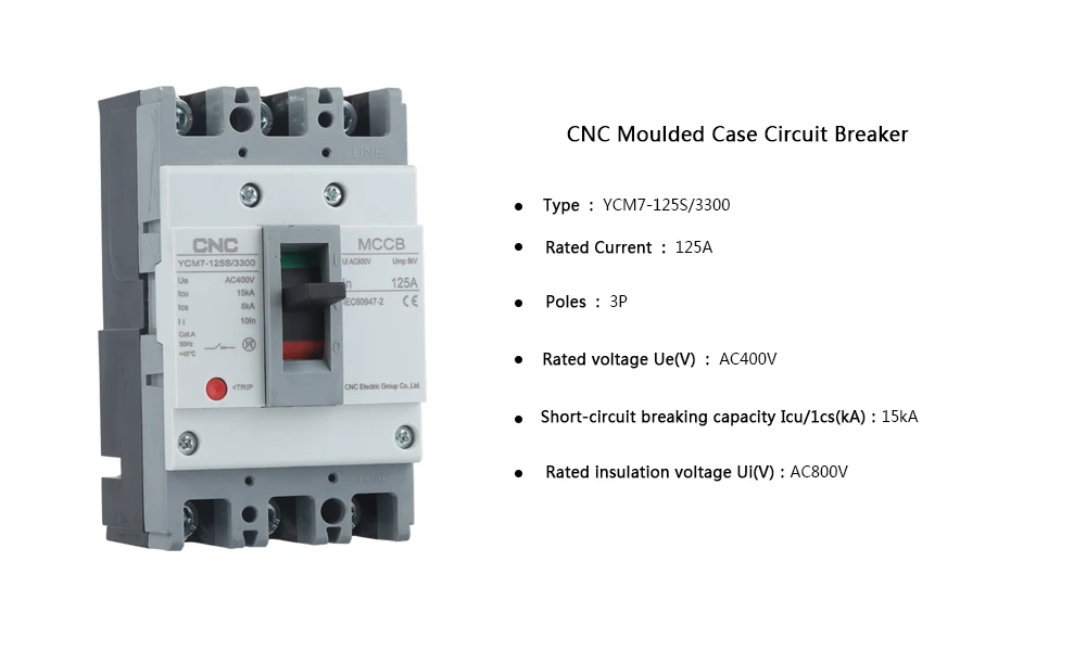 CNC YCM7-125S MCCB 3P 50A/63A/80A/100A/125A AC400V 15kA Solar Switch Moulded Case Circuit Breaker
