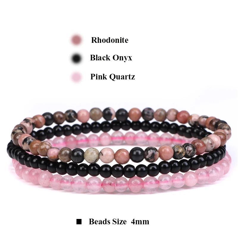 3Pcs/Set 4mm Natural Stone Bracelet Pink Quartzs Jaspers Rhodonite Beads Bracelets For Women Men Jewelry Gift Healing Energy