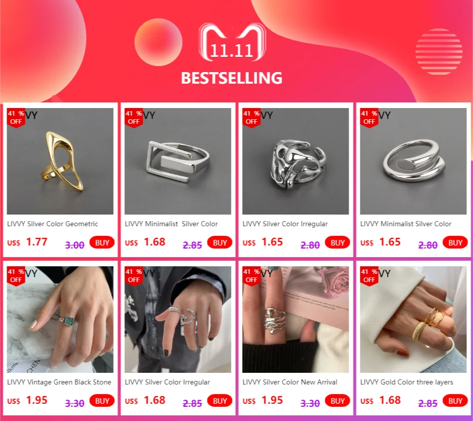 LIVVY Hot Sell Silver Color Geometry Rings For Women Adjustable Handmade Fashion Party Jewelry 2025 New Trendy