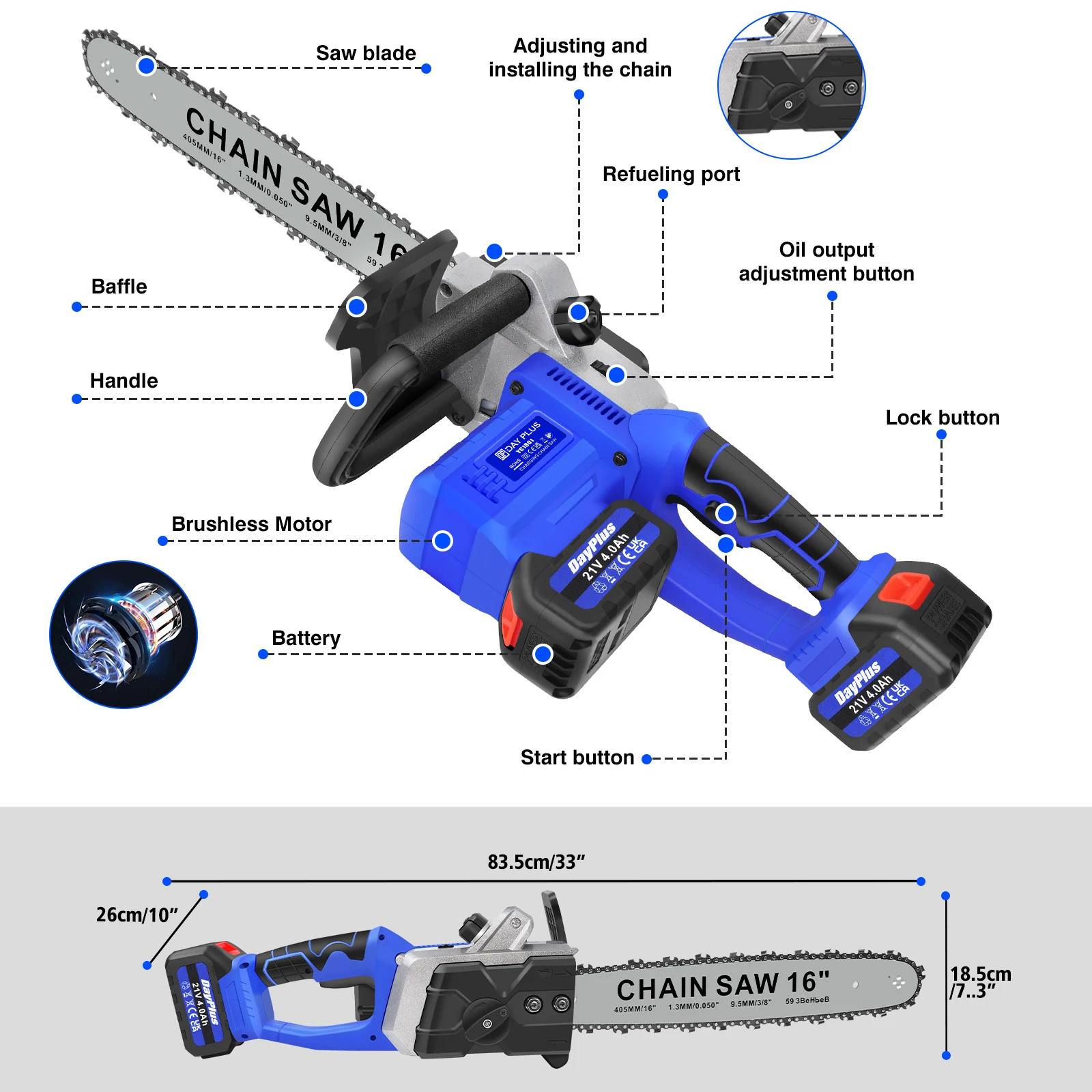 16 Inch Cordless Electric Chainsaw with 2 Battery and Charger,Brushless Handheld Powered Chainsaw for Wood Cutting Tree Pruning