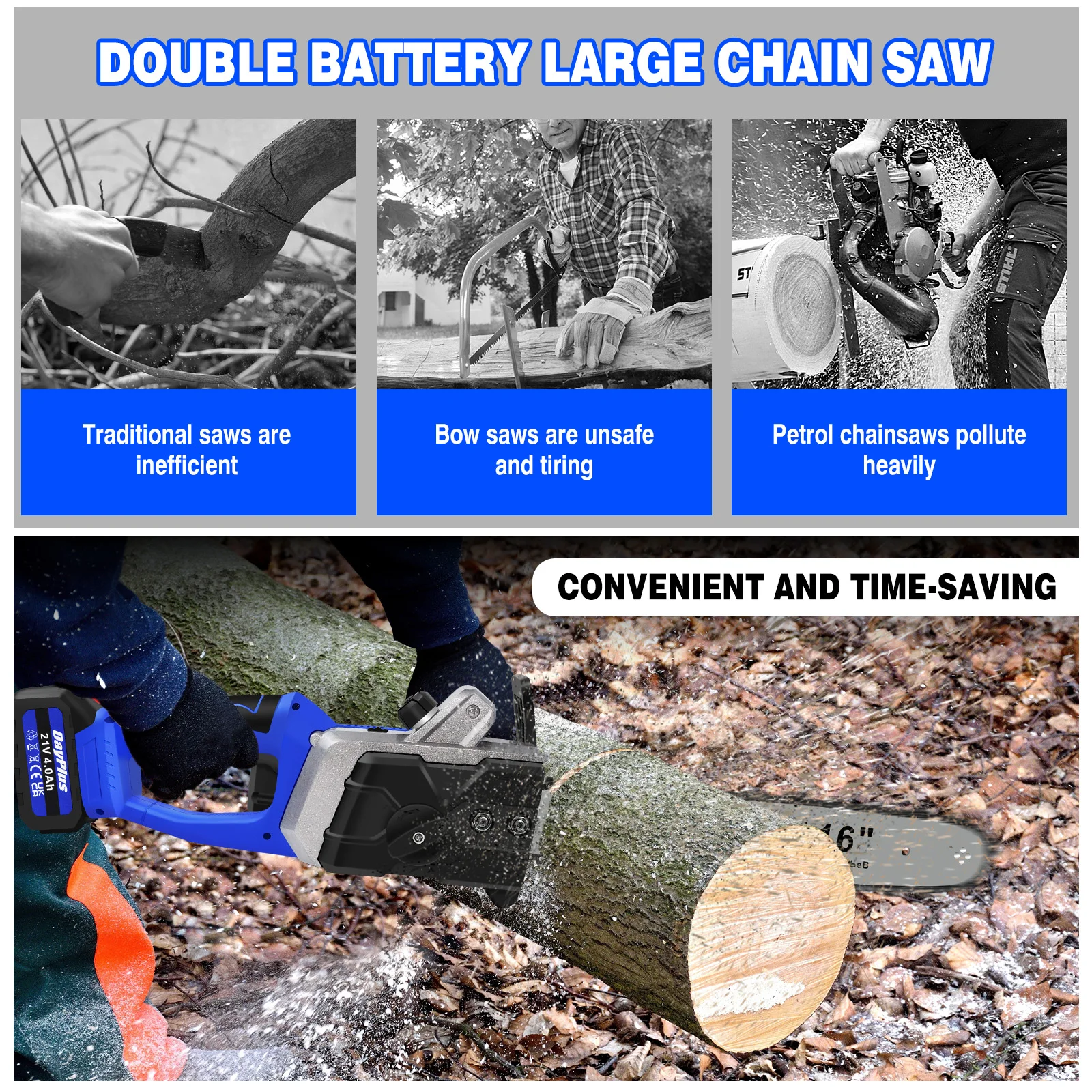 16 Inch Cordless Electric Chainsaw with 2 Battery and Charger,Brushless Handheld Powered Chainsaw for Wood Cutting Tree Pruning