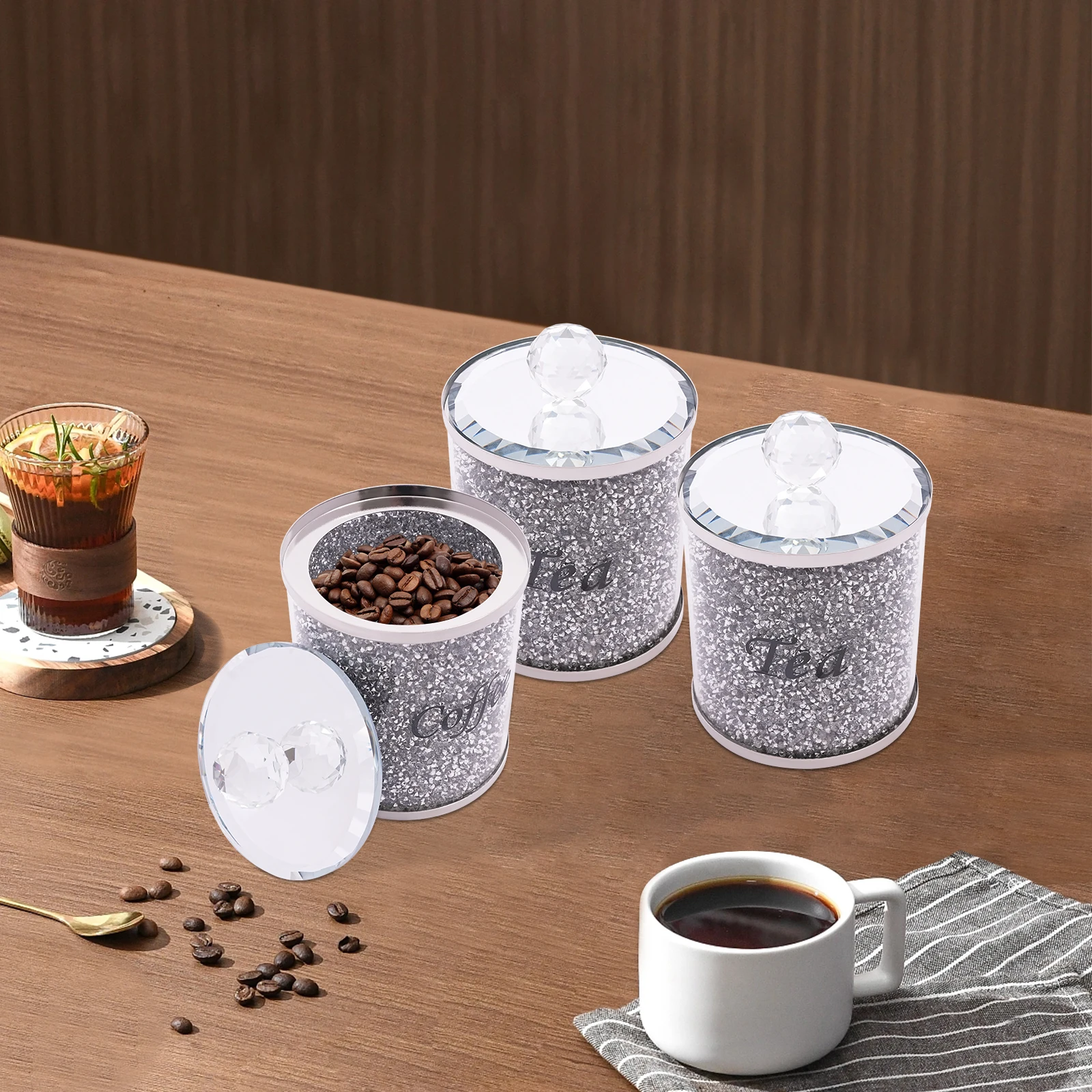 3 pcs Glass Canisters Coffee Sugar Tea Container Crushed Cereal Flour and Canning Diamond Inlay Storage Jar