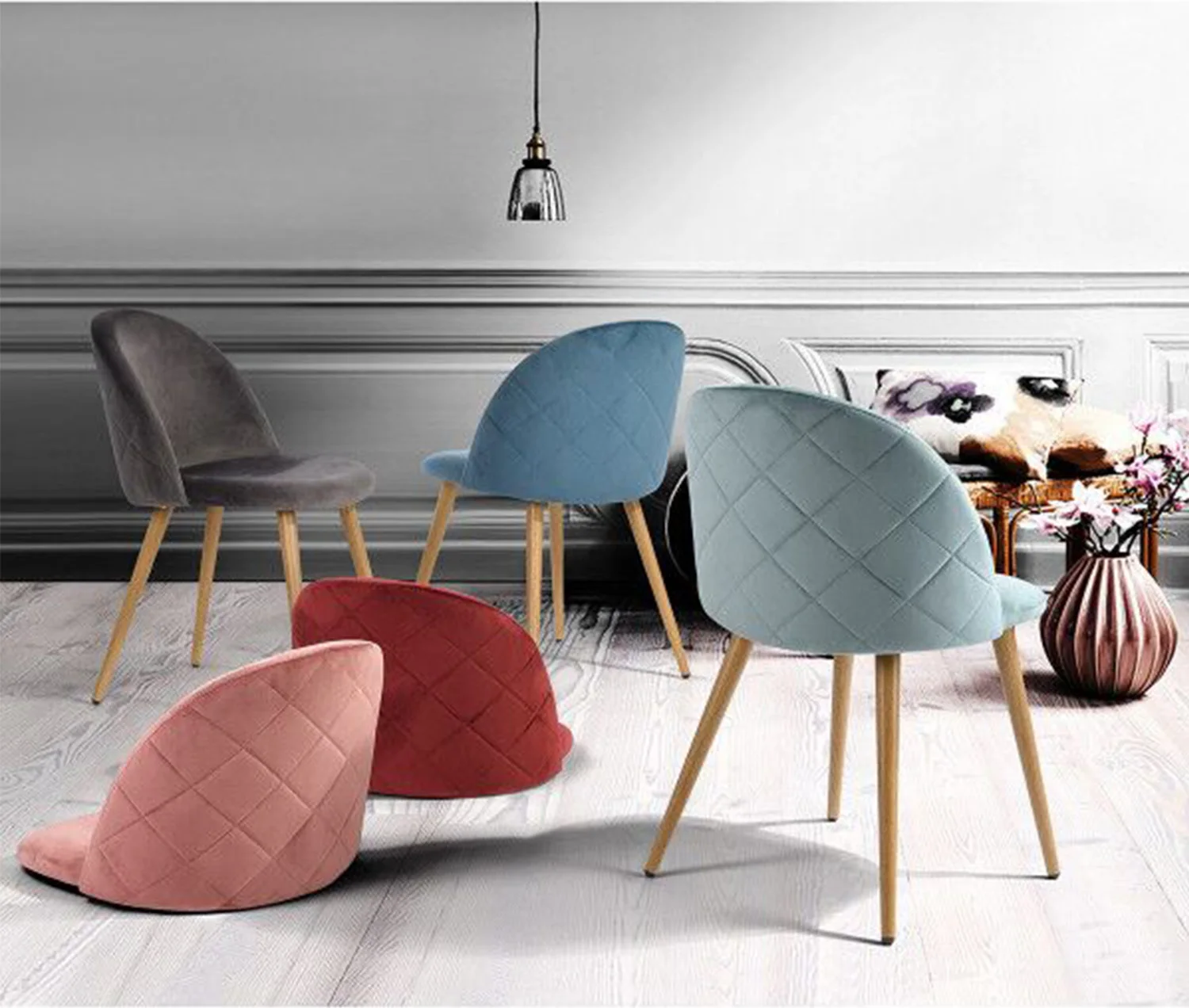 Set Of 4 / 6 Dining Chairs With Soft Velvet And Metal Feet Suitable for Kitchen Dining Room Living Room Lounge(Pink/Green/Blue))