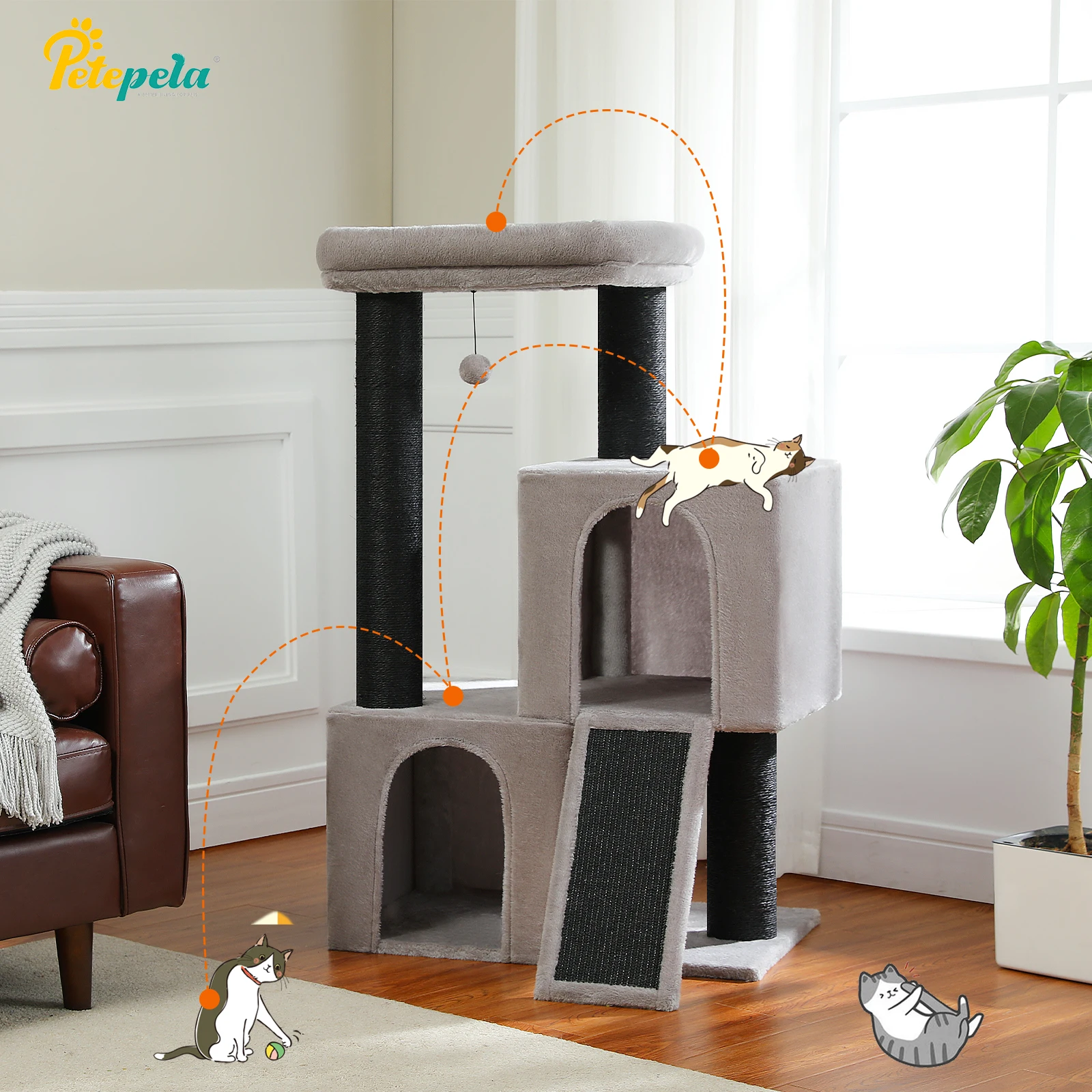 Cat Tree Tower with Large Cat Scratching Post Extremely Large Double Cave Fully Sisal Covered Suitable for Large Cats