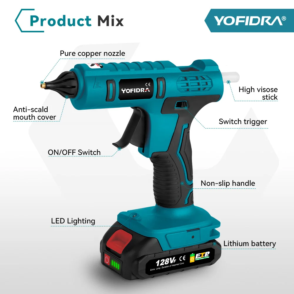 YOFIDRA 260° Hot Glue Gun 100W High Temperature Electric Mini Glue Guns Thermo Repair Power Tool For Makita 18-21V Battery Pin