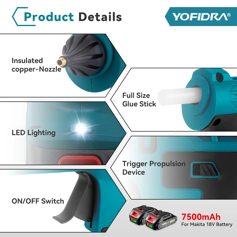 YOFIDRA 260° Hot Glue Gun 100W High Temperature Electric Mini Glue Guns Thermo Repair Power Tool For Makita 18-21V Battery Pin