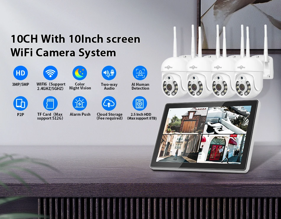 Hiseeu 3/5MP 10.1" Monitor 10CH NVR CCTV IP Camera Surveillance System Set Night Vision P2P Wireless Security PTZ Cameras Kit ﻿