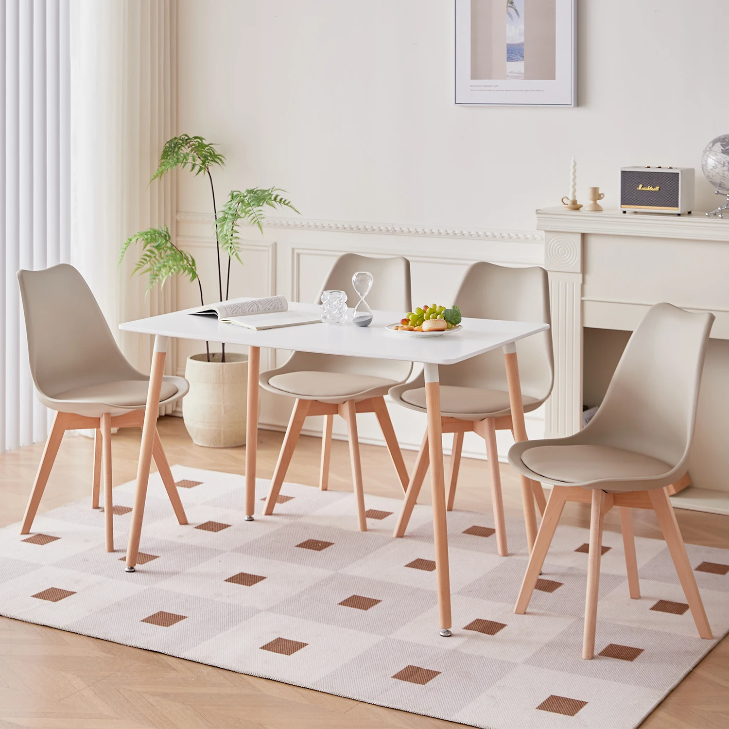 A Set of 6 Nordic Medieval Dining Chairs PU Padded Seat Beech Wood Legs Desk Chairs for Dining Room Bedroom Balcony Restaurant